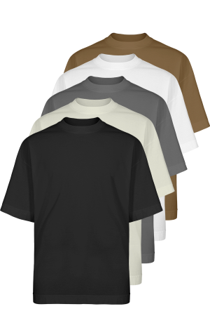 Kit com 5 camisetas Streetwear Tubular Malha heavyweight tubular (sem costuras laterais) Fio 20.1   Gramatura 290g Barras de 4 cm, Reforço de gola de ombro a ombro Modelagem streetwear Oversized